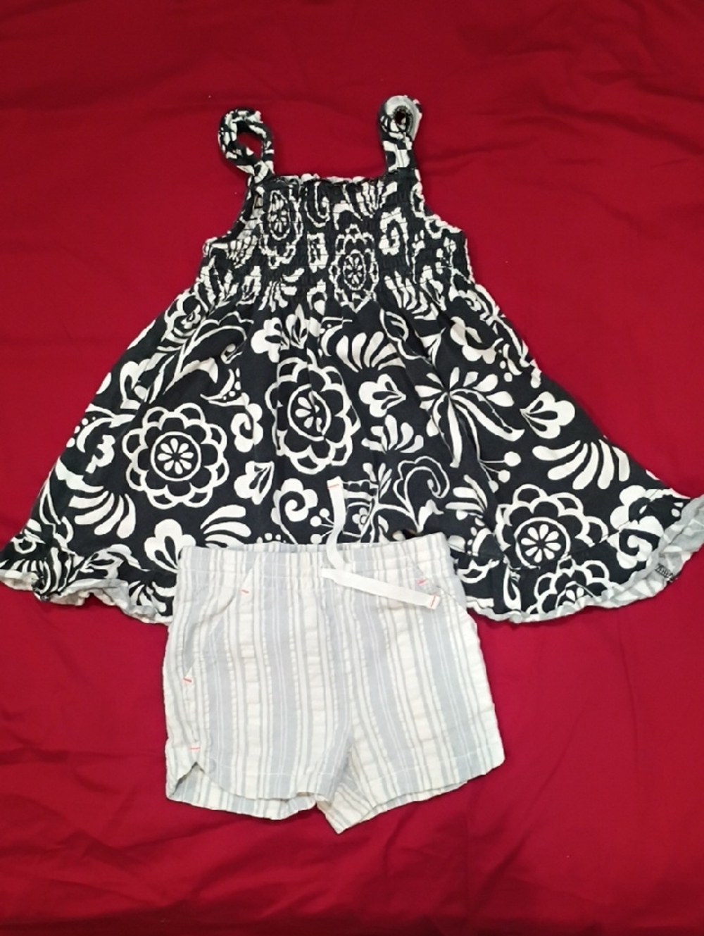 Carter's Black & White Floral Tank with Light Blue Striped Shorts